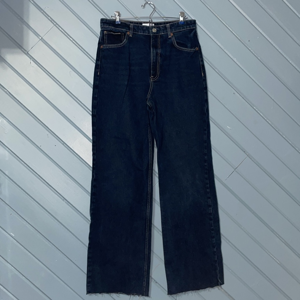 Zara High-Waist Wide Leg Raw Hem Dark Wash Jeans